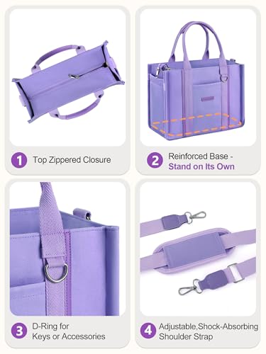 FIORETTO Women’s Canvas Tote Bag Purse with Zipper, Multi Compartment & Reinforced Bottom, Ideal for Work, Bible, Travel - color: Purple, size: Medium, style: Built-in Organizer