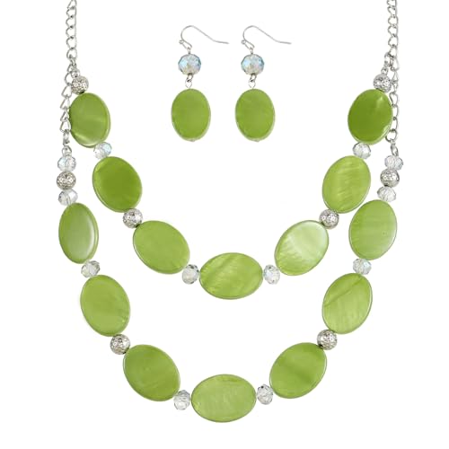 2 Layered Chunky Beaded Shell Necklace for Women Sea Shell blue/yellow/red/green/turquoise/teal/white Statement Necklace and Earring Set Elegant Women Necklace Set Jewelry Sets for Women - color: Green