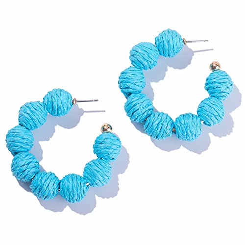 Raffia Hoop Earrings Statement Boho Beaded Earrings Cute Rattan Handmade Colorful Jewelry for Women Unique Summer Outfits - color: Blue