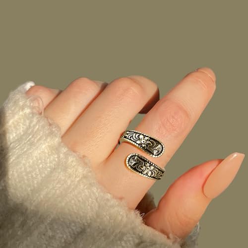 Vintage 14K Gold Plated and Silver Spoon Ring – Adjustable Ring with Carving Design for Women, Unique Boho Open Ring for Gift - color: Gold