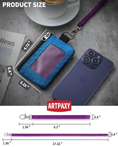 Artpaxy Minimalist Wallet For Mens Womens, Keychain RFID Blocking Zipper Small Wallet with ID Window 2 Lanyards,Water Resistant Travel Cash Card Coin Case Boys Girls - color: Sky blue+Purple, style: Casual
