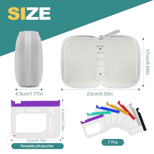 Timueetech A7 Waterproof Pill Organizer with 7 PCS L Size Zippered Pill Pouches for A7 Binder, Large BPA-Free Weekly Medicine Organizer, Color-Coded Reusable Travel Pill Storage System - color: White