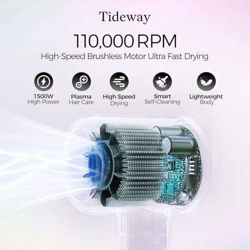 Tideway Hair Dryer Professional High-Speed Ionic Blow Dryer 110,000 RPM, Compact Hair Dryer with Magnetic Diffuser, Fast Drying with Brushless Motor Low Noise Smart Temperature Control-H11 - color: Black