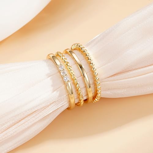 WEDDINEN 4PC Gold Rings for Women, S925 Sterling Silver 14k Gold Filled Plated Stackable Thin Thumb Ring Set Cubic Zirconia Dainty Stack Gold Knuckle Rings Set Size 6-10 - color: Gold, size: 5