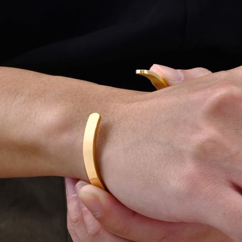 MEALGUET Stainless Steel Mens Cuff Bracelet : Minimal Cool Silver/Black/Gold Plated Open Metal Cuff Bangle Bracelets for Men,Mens Bracelet Jewelry Gift - color: Gold Plated-2-Pack, size: Medium( fit 5.5"-7.2" wrist)