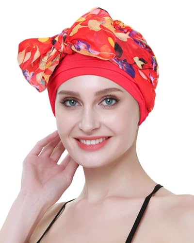 Chemo Headwear Turbans for Women Long Hair Head Scarf Headwraps Cancer Hats - color: Red Floral