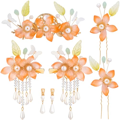 HINZIC 5pcs Flower Tassels Hairpin for Women, Non-Slip Pearl Butterfly Love Flower Hair Combs, Retro Chinese Hanfu Wedding Brides Hair Accessories for Long Hair - color: Orange