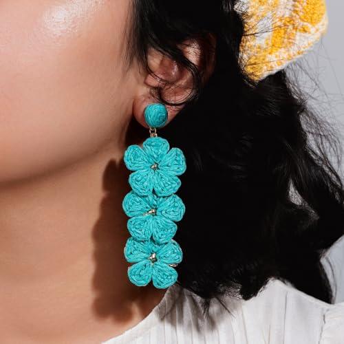 Boho Flower Earrings Statement Raffia Dangle Earrings Cute Floral Jewelry Trendy Summer Beach Vacation Outfits for Women - color: Teal-2