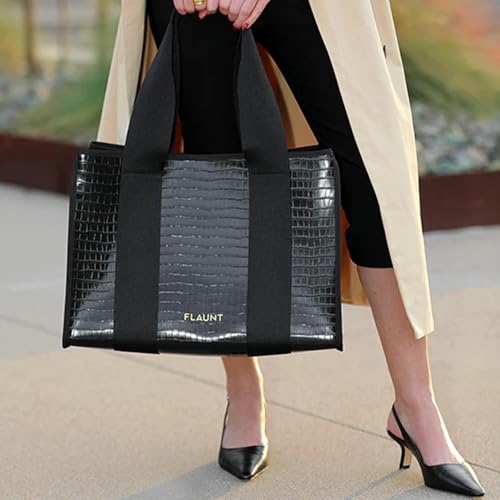FLAUNT Everyday Tote Bag with Phone Pouch for Women - Lightweight, Airline Approved, Easy To Carry, Foldable & Washable - color: Black Crocodile