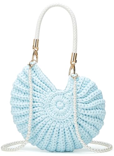 Handmade Crochet Tote Bag Seashell Purse for Women Boho Shell Handbag Crossbody Shoulder Bag Summer Beach Clutch Hobo Handbag - color: Blue