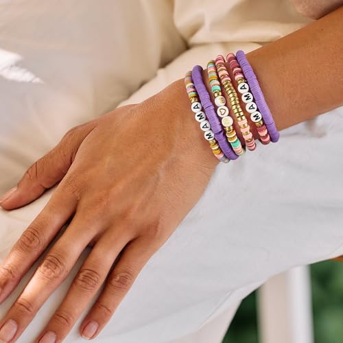 Elegance 11 designs Heishi Beaded Bracelets For Women Polymer Clay Colorful Surfer Stackable Beads Boho Bracelet Summer Beach Jewelry - color: Fresh Purple