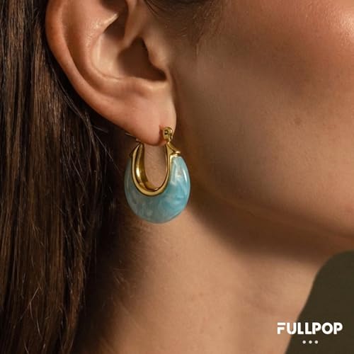 Fullpop Vintage Earrings for Women, Chunky 14K Gold Plated Resin Hoop Earrings Lightweight Hollow Drop Earrings Hypoallergenic Earrings for Women Vintage Anthropologie Jewelry Gifts for Women - size: Round-Blue