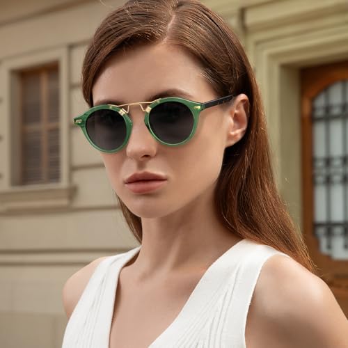 CARFIA Double Bridge Small Acetate Sunglasses for Women Polarized, Retro Metal Brow Ladies Sunnies Fashion Round Eyewears - color: 6. Translucent Green Frame Gradient Grey Lens
