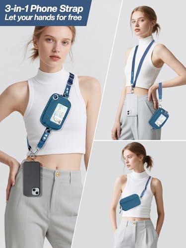 Tiostep Clip and Go Strap with Wallet Crossbody Phone Lanyard Adjustable and Detachable RFID Wristlet Wallet with ID Window and Zipper, Blue - color: Peacock Blue, size: Medium