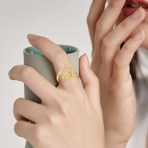Vito 925 Sterling Silver Adjustable Open Spoon Ring for Women Men, Lotus Sunflower Snake Spoon Band Rings Feather Hug Witches Knot Inspirational Jewelry Gift for Wife - style: Jesus Fish-Golden