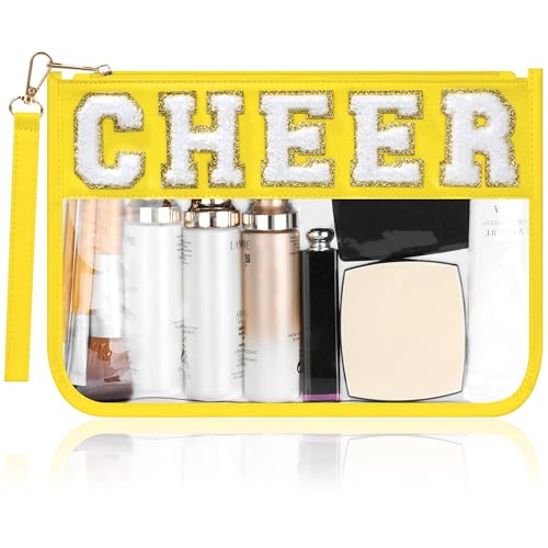 BuyCard Cheer Chenille Letter Bags Clear Makeup Bag, Cheerleader Gifts Cosmetic Bag, Varsity Preppy Patch Flat Pouch Cheer Accessories, Waterproof PVC Organizer Toiletry Bag for Women Girls Yellow - color: Yellow-Cheer