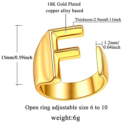 FindChic Customizable Initial Ring Statement 18K Gold Plated Fashion Cuff Rings for Women Alphabet Letter A to Z Resizable Knuckle Ring (with Gift Box) - color: F