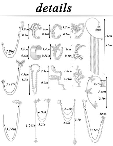 Tornito 17Pcs Ear Cuffs Chain Earrings Snake Butterfly Leaf Non Piercing Clip on Earring Fake Helix Cartilage Earrings Ear Clip Jewelry Silver Gold Tone - color: A:Silver Tone