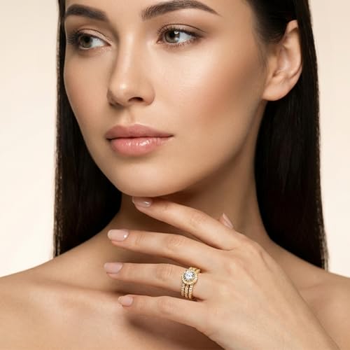 MDFUN Three in One Round/Oval/Eye/Teardrop Halo Wedding Bands Set Engagement Rings 18K Yellow Gold Plated Cubic Zirconia Promise Eternity Band for Women Size 5-10 - style: Round