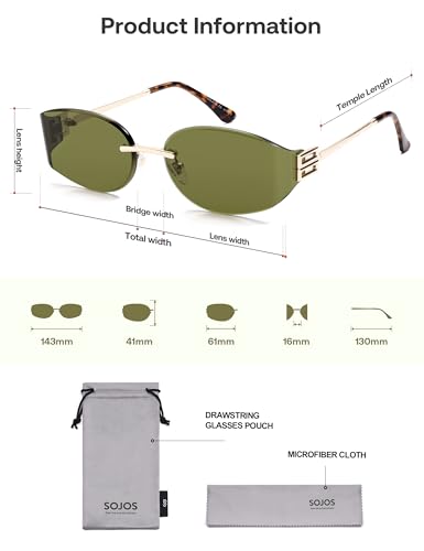 SOJOS Trendy Oval Sunglasses for Women,Fashion Rimless Metal Sun Glasses Y2K Style UV400 Protected SJ1271 - color: Green