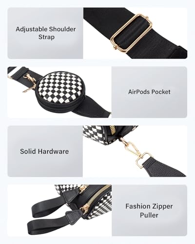 Valentoria Large Woven Leather Crossbody Bags for Women Checkered Bum Bag Sling Bag Purse Adjustable Strap Detachable Wallet | Woven - color: Black&white Checkered