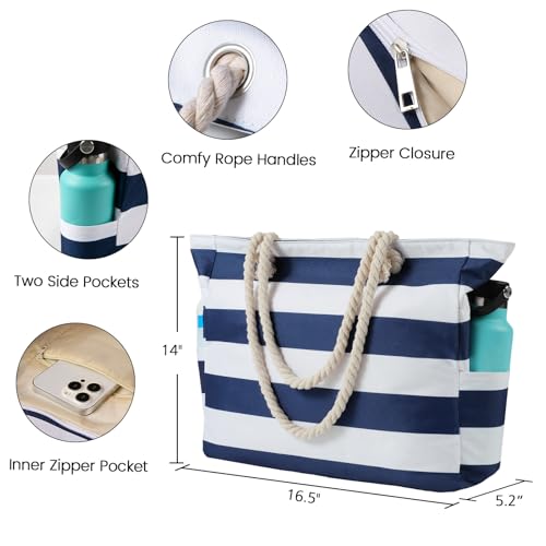 Clothirily Beach Bag for Women - Large Beach Tote Bag, Waterproof Sandproof Beach Bag with Zipper, Large Swim Pool Beach Tote - color: Navy Blue