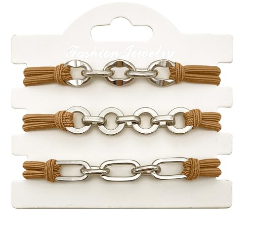 Bracelet Hair Ties for Women, Soft Elastic Ponytails Holders with Silver Jewelry Cute Stretchy Pony Tails Hair Ties for Girls Gifts (Caramel with Silver) - color: Caramel-04