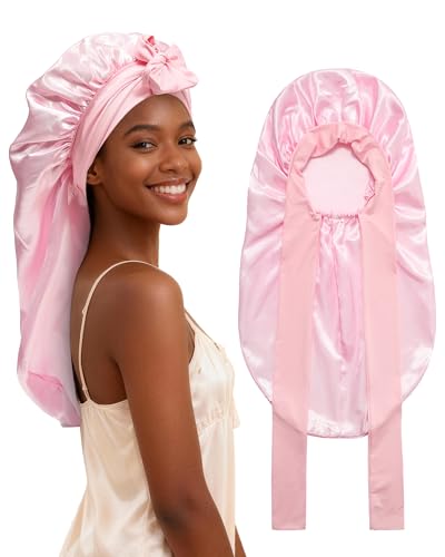 AWAYTR Long Satin Bonnet for Braids - Elastic Silk Hair Bonnets for Sleeping Night Cap Stretchy Tie Band for Women（Pink） - color: Pink