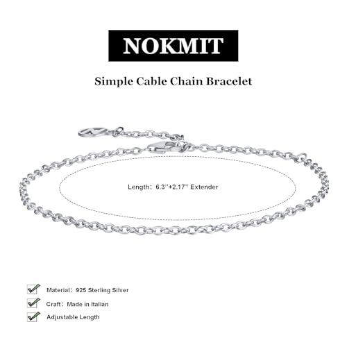 NOKMIT Solid 925 Sterling Silver Bracelets for Women, Dainty Interlocking Circles Cubic Zirconia Adjustable Chain Bracelet, Trendy Stackable Link Bracelets, Simple Cute Jewelry Gifts - color: Silver Cable Chain