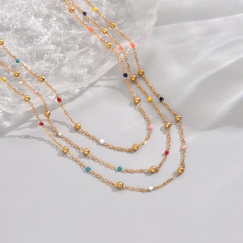 NONAMOIS Gold Chain Necklace for Women Dainty 18K Gold Plated Thin Satellite Beaded Turquoise Necklace Simple Layered Boho Jewelry Christmas Gifts - color: 3Layered Colorful Beads-Gold