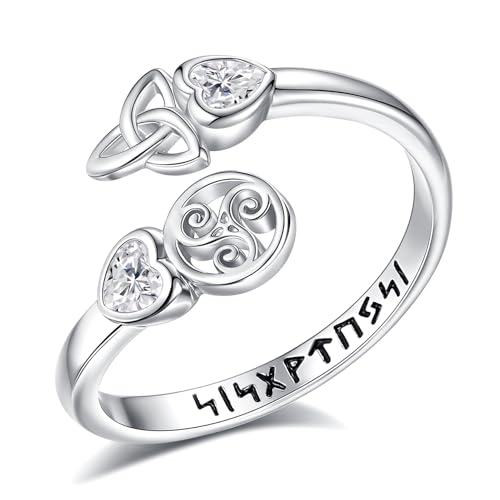 Vito 925 Sterling Silver Adjustable Open Spoon Ring for Women Men, Lotus Sunflower Snake Spoon Band Rings Feather Hug Witches Knot Inspirational Jewelry Gift for Wife - style: Trisquel and Triquetra