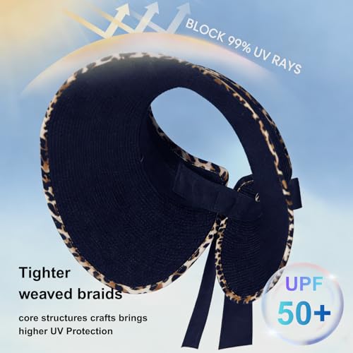 Women's Sun Visor Hats Wide Brim Beach Hat Straw Ponytail Visor Packable Foldable UPF 50+ Floppy Travel Hats - color: Black02