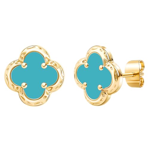 Elegant Black Onyx Clover Stud Earrings, 14K Gold Plated Four Leaf Hypoallergeinc Stud Stainless Steel Flower Earring Lucky Simple Jewelry Gift for Women Shiny Multiple Onyx Colors - color: Light Blue Clover Stud Earrings