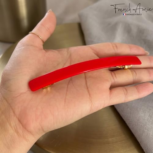French Amie Long and Skinny Bar Large 4 1/4" Cellulose Acetate Handmade Automatic Hair Clip Barrette with No Slip Sturdy Silver Clasp for Women and Girls, Made in France (Red) - color: Red