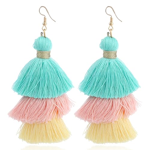 Bohemian Layered Earrings for Women Vintage Three-Layer Ombre Gradient Tassels Earrings Long Statement Tiered Fringe Drop Dangle Earring Elegant Beach Wedding Dangle Earring for Summer Seaside Festivals - color: Colourful