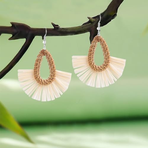 Boho Summer Beach Earrings for Women Lightweight Straw Wicker Earring Statement Raffia Fan Round Tassel Dangle Drop Earrings Hawaii Jewelry - style: White Teardrop