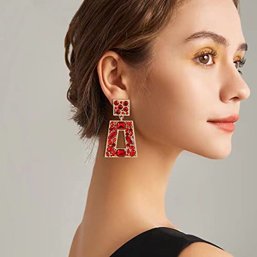 Rhinestone Rectangle Statement Earrings Colorful Crystal Geometric Drop Dangle Earrings for Women Prom Party - color: red