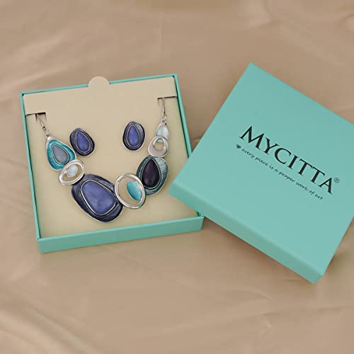 Vintage Chunky Statement Jewelry Set Retro Leaf Floral Geometric Bohemian Boho Bib Necklace Earring Set Fashion Costume Jewelry for Women Girls Wedding Party Prom Unique Gift - style: oval-blue