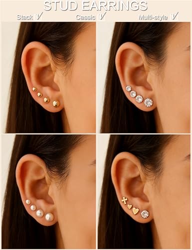 75 Pairs Gold Stud Earrings Set for Women, Trendy Hypoallergenic Pearl Cubic Zirconia Multiple Piercings Earrings Packs, Stud Hoops Earrings for Gift Jewelry - color: gold stud
