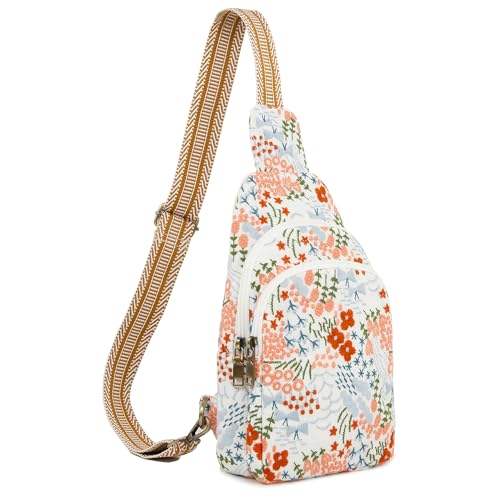 SILKAREA Canvas Sling Bag for Wome Crossbody Purse Small Sling Backpack Purse Travel Hiking Chest Bag Daypack - color: Embroidered White