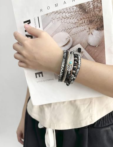 Turquoise Bracelet for Women, Boho Multilayer Leather Bracelet with Feather and Magnetic Clasp, Western Turquoise Jewelry - color: Black-Obsidian