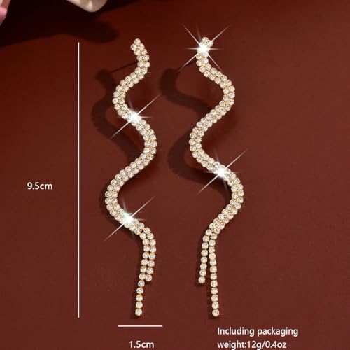 Sparkling Rhinestone Wave Earring Gold Tassel Earrings Long Fringe Chandelier Drop Earrings Wedding Prom Bridesmaid Fashion Jewelry Accessary for Women - color: Gold