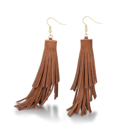 Fringe Leather Earrrings Triangle Deerskin Leather Boho Western Statement Dangel Earrings for Women - color: Brown Tassels