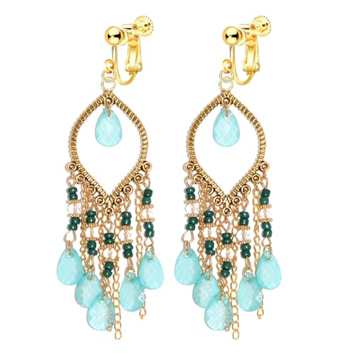 Clip on Tassel Dangle Earrings for Boho Women, Non Pierced, Colorful Feather Handmade Beads Fashion Vintage Fringe Jewelry for Parties Weddings Festivals Trendy Statement Earrings for Bohemian - color: Green B