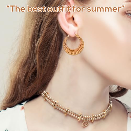 Boho Handwoven Rattan Hoop Earrings, Summer Beach Rattan Earrings Cute Hoop Dangle Drop Lightweight Bohemian Weaving Jewelry for Women Fashion Travel Essentials