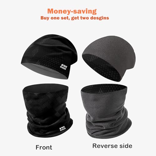 WK IEASON Winter Thermal Fleece Hat Scarf Set for Men Women Warm Windproof Cap Neck Warmer Fleece Beanie Scarf Set for Skiing - color: Black/Grey Dots