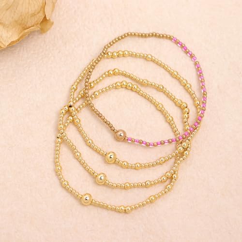 Gold Beaded Stackable Friendship Bracelets Set for Women, Handmade Boho Stretch Summer Jewelry Gift. - color: gold fuchsia