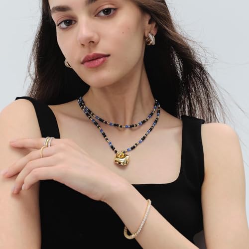 KissYan Long Necklaces for Women, 14K Gold Plated Beaded Gemstone Turquoise Boho Layered Choker, Natural Stone Handmade Sweater Fashion Jewelry Gifts - style: Blue