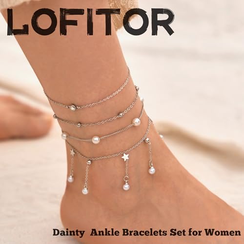 LOFITOR Ankle Bracelets for Women Glitter Waterproof Adjustable Anklet Set for Women 18K Gold Plated Silver Charm Dainty Layered Anklets, Summer Beach Anklet Jewelry for Women - style: Pearl Silver