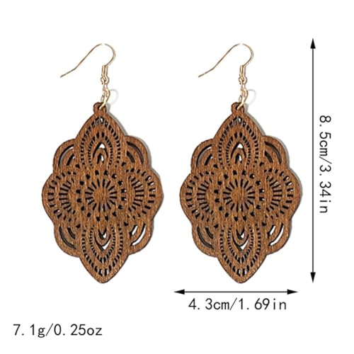 Bohemian Wood Earrings Natural Retro Lightweight Hollow Pattern Geometric Wooden Dangle Drop Earrings Statement Vintage Jewelry - color: Brown Earrings